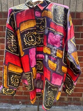 Montage 100% Silk Button-Up Abstract Shirt Men’s Vintage Style Luxury Statement